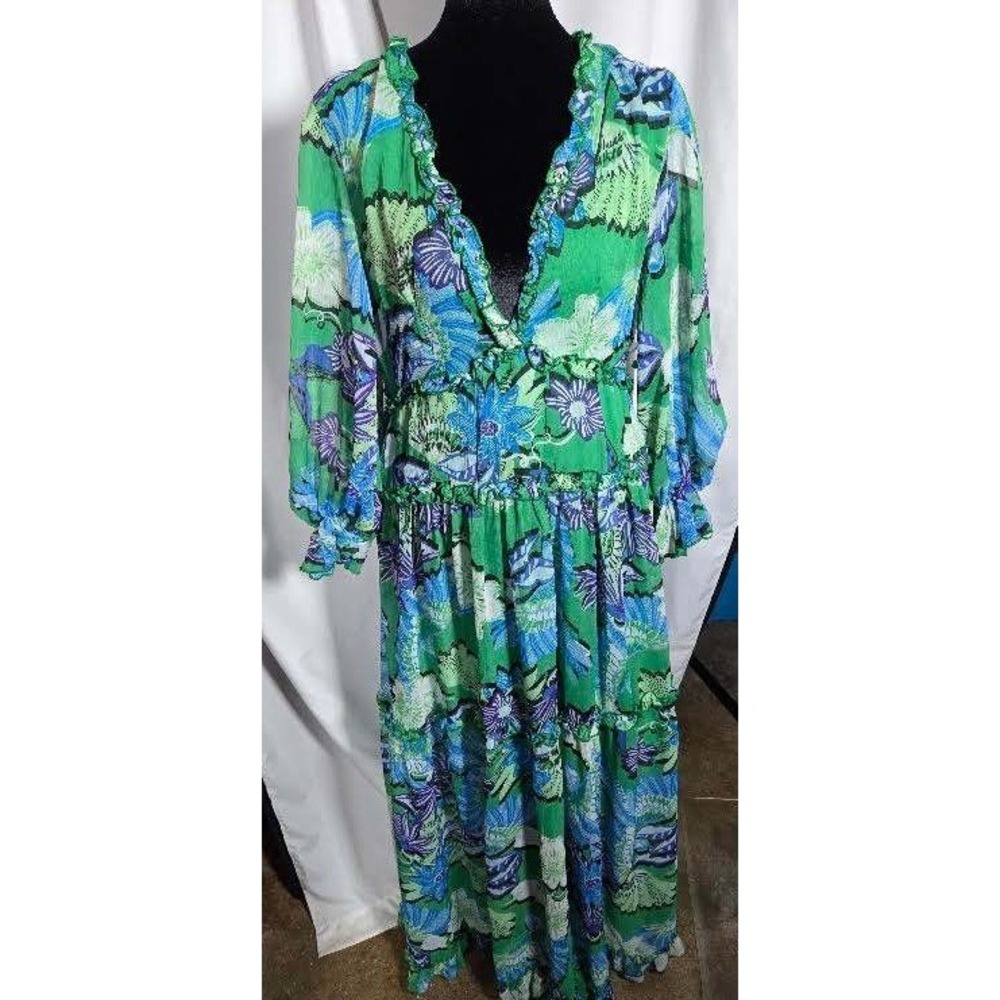 Truly 4 You Green Tropical Floral Ruffle Open Back Maxi Dress Large